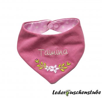 Wende Halstuch Jersey altrosa und Jersey rosa Sterne weiß, mit Namen creme und Ranke 3 rosa-creme-alrosa-hellgrün, Druckknopf rosa von vorne